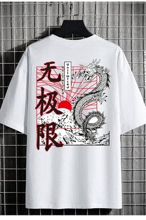Erkek Oversize T-shirt Sırt Dragon Baskı Beyaz dragon-dp7