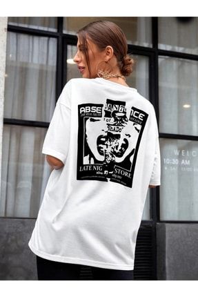 Kadın Oversize T-shirt Abse Sırt Baskı Beyaz AbseKadın01