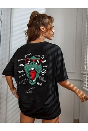 Kadın Oversize T-shirt Sırt Dino Baskı Siyah dino-01