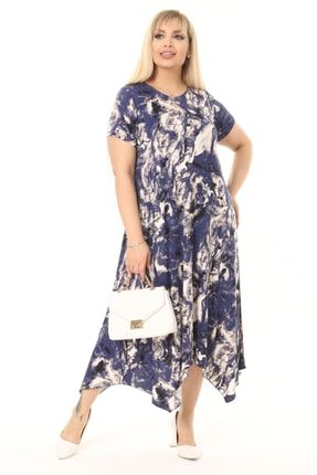 Kadın Mavi Asimetrik Kesim Batik Desenli Elbise ASM-DSN