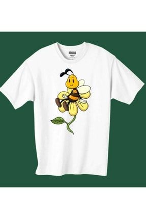 Beyaz Regular Sıfır Yaka Arılı Tasarım Kısa Kollu Baskılı T-shirt si-1007