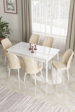 Ada Serisi 80x130 Sabit, Mutfak Masası Takımı Beyaz Masa+6 Krem Sandalye PRA-4641368-806036
