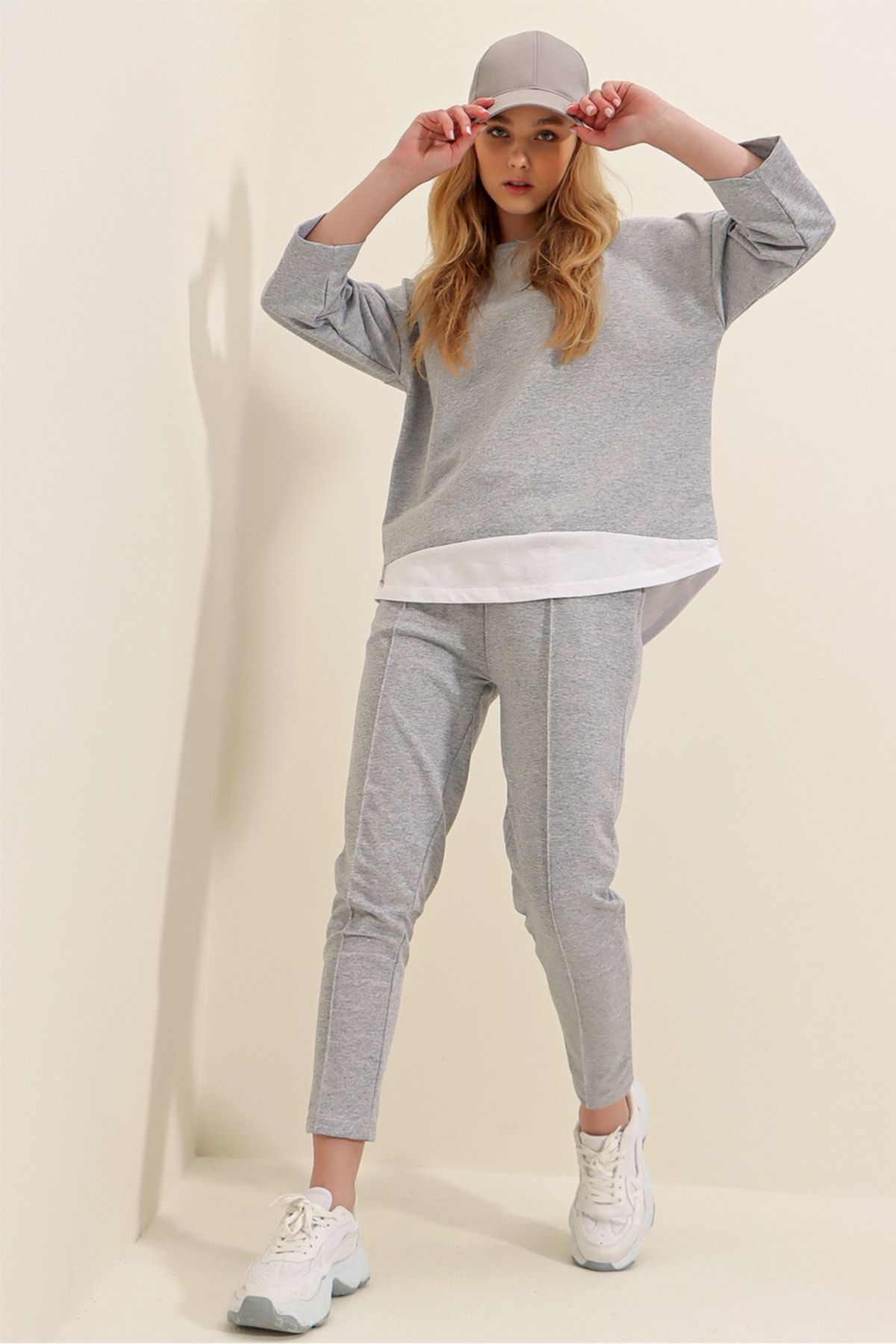 Trend Alaçatı Stili-Grauer Damenanzug mit breitem Kragen, elastischer Taille, doppelter Tasche vorne, Nähten, zweifädigem Unterteil und Oberteil ALC-X8175 5