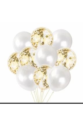 Gold Konfetili Şeffaf Balon Metalik Beyaz Balon 12 Inç 10 Adet DNZ 3015