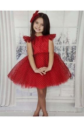 Kız Çocuk Kırmızı Puantiyeli Abiye Elbise CN10PNTY
