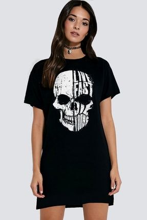 Hızlı Yaşa Siyah Kısa Kollu Penye Kadın T-shirt Elbise 1M1DW466AS