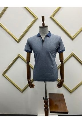Erkek Klasik İnce Petek Dokuma Yarı Fermuarlı Indigo Renk T-shirt 1602