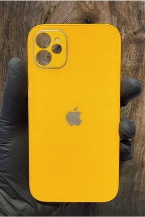 Iphone 12 Mini Arkası Cam Kamera Korumalı Renkli Logolu Telefon Kılıfı - Sarı arkcmlglklf-66