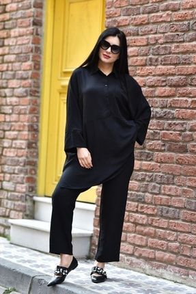 Kadın Siyah Pantolon Tunik Cepli Ayrobin Krep Alt Üst Ikili Takım 1981