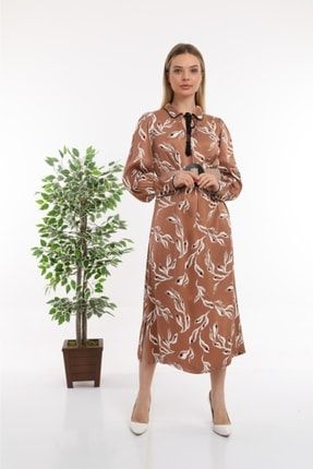 Kahverengi Çiçek Desenli Uzun Saten Elbise MDM-EL018