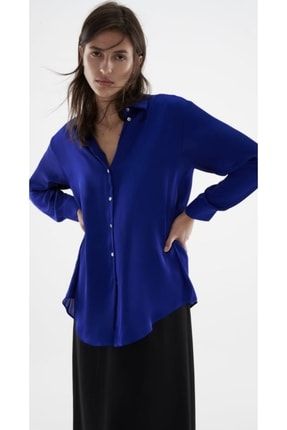 Kadın Parlement Mavisi Oversize Model Saten Gömlek TYC00361506631