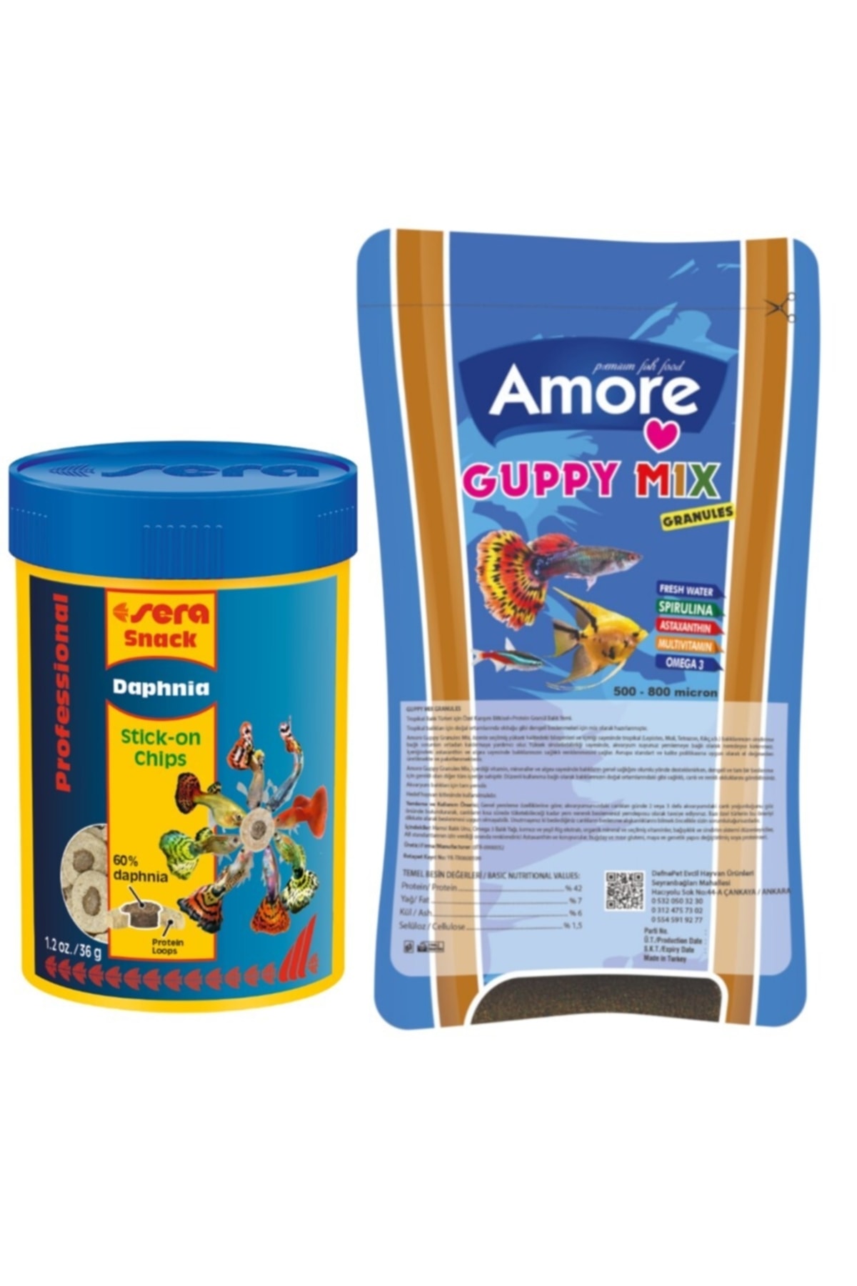 AMORE Guppy Mix Granules 45gr Poşet Ve Sera Daphnia Su Piresi 100ml Kutu Tropikal Balık Yemi