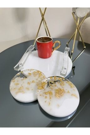 Beyaz Sedef Simli Yuvarlak Kahve Sunum Tepsisi & 2 Adet Gold Bardak Altlığı DY-030
