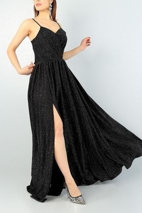 Işıltılı Kumaş Göğüs Dekolteli Yırtmaç Detaylı Uzun Siyah Abiye Elbise Emr-022 MTA-EMR-022-A