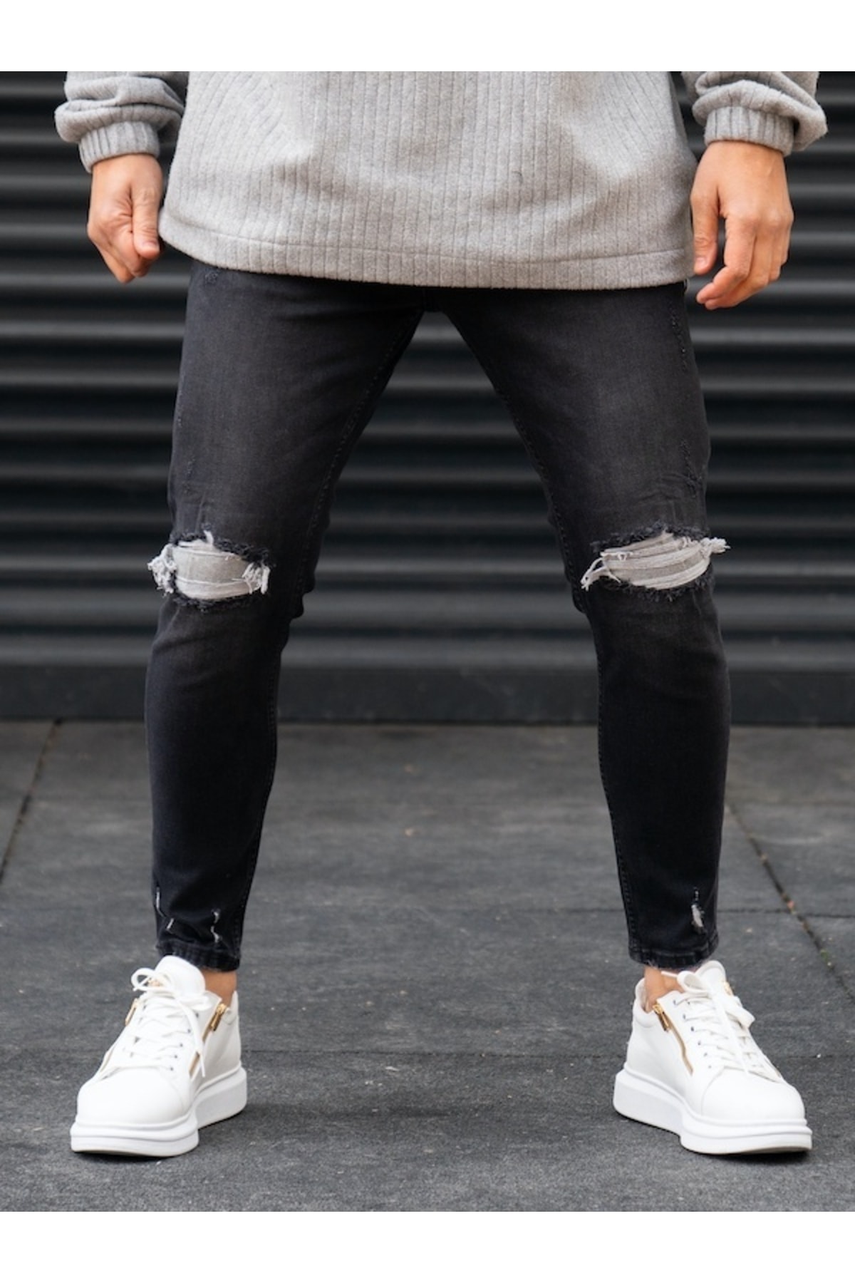 Modayı Tıkla Erkek Dar Paça Dizleri Yırtık Kot Pantolon Siyah