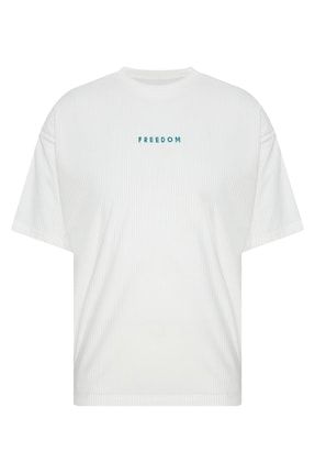 Beyaz Freedom Nakışlı Fitilli Oversize T-shirt 2yxe2-45986-01 2YXE2-45986