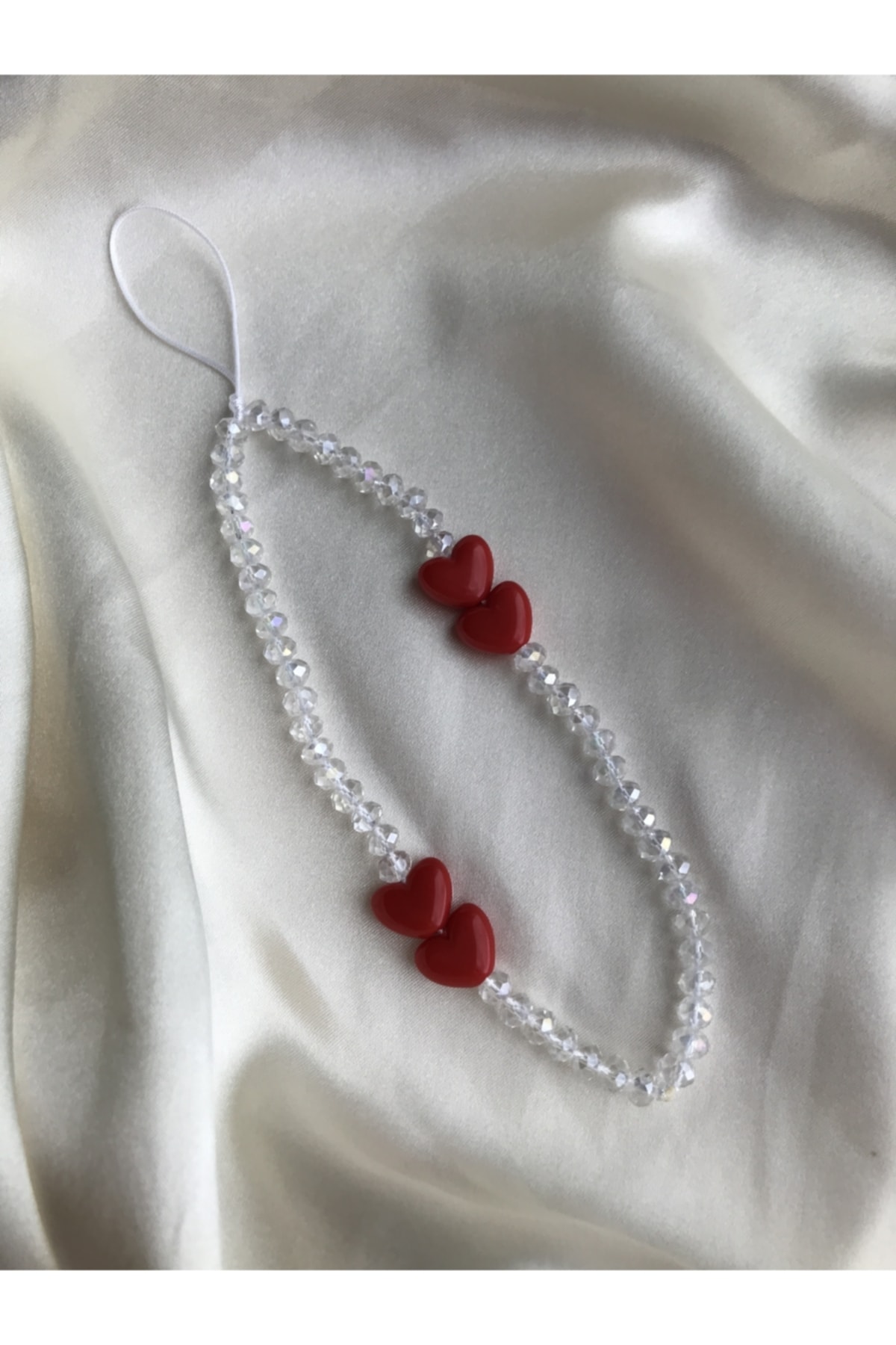 Red Heart And Transparent Bead Phone Charm Phone Strap