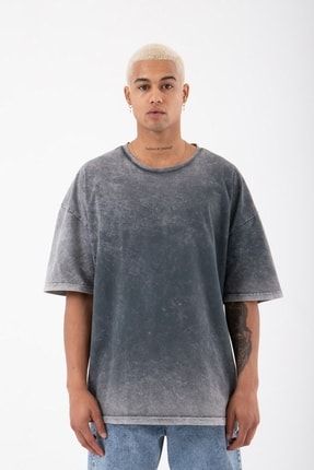 Oversize Basic Yıkamalı Kumaş T-shirt Siyah M1517