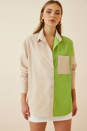 Kadın Krem Yeşil Blok Renkli Oversize Poplin Gömlek ZLP0021243