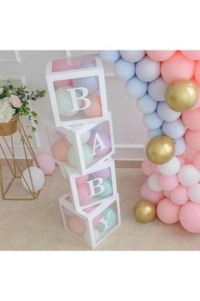Baby Yazılı Şeffaf Beyaz Kutu Balon Seti, Baby Balon Kutusu Bebek Çocuk Doğum Günü Kutlama pmix17009