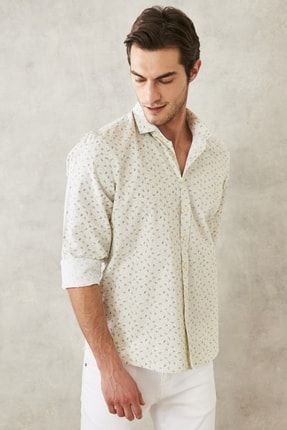 Erkek Beyaz-haki Slim Fit Dar Kesim Italyan Yaka Baskılı Gömlek 4A2022200050