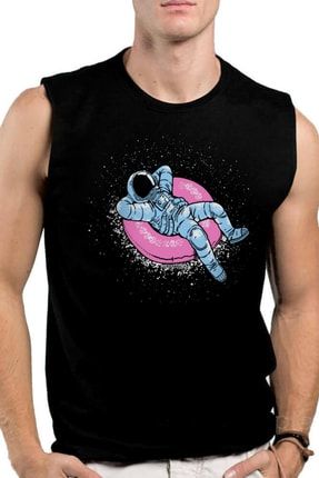 Havuzda Astronot Siyah Siyah Kesik Kol | Kolsuz Erkek T-shirt | Atlet 1M1SM436AS