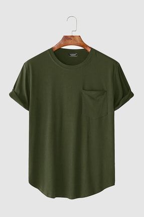 Erkek Yuvarlak Yaka Oval Kesim Cepli Basic T-shirt Stk306-0000001-1-3 Haki VAVN306-0000001-1