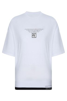 Beyaz Ribana Detaylı Oversize T-shirt 2yxe2-45950-01 2YXE2-45950