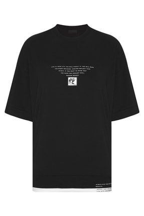 Siyah Ribana Detaylı Oversize T-shirt 2yxe2-45950-02 2YXE2-45950