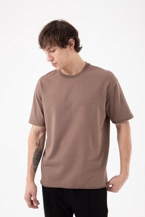 Relaxed Basic Organik Pamuklu Kumaş Yırtmaç Detaylı T-shirt Kahve M1555