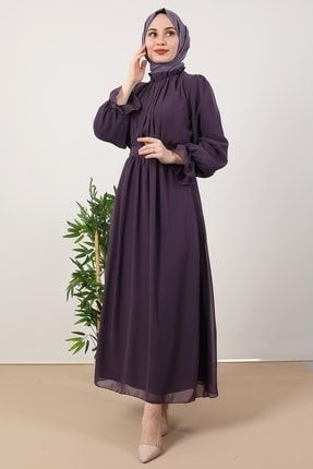 Kol Boyun Fırfır Tesettür Elbise Koyu Lila 4451201