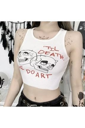 Nefigo Çengelli Iğneli Til Death We Do Art Beyaz Askılı Kadın Crop (yarım) T-shirt nefigotildeathwedoart