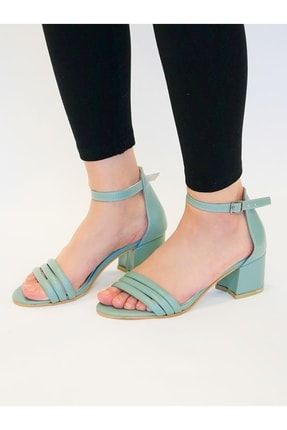 Elegante Üç Biyeli Bilekten Bağlı Topuklu Ayakkabı Su Yeşili Cilt 204-03