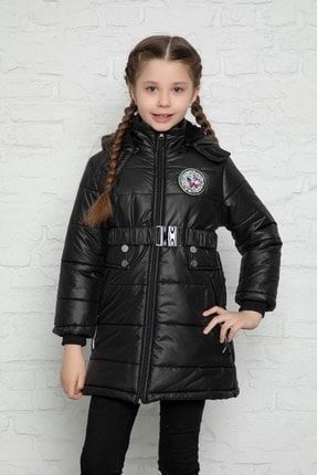 Kız Çocuk Siyah Kapşonlu İçi Polar Şişme Kaban G4644M5073