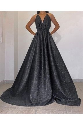 Özel Tasarım Simli Siyah Uzun Elbise 187