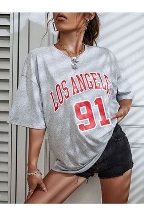 Gri Oversize Los Angeles 91 Baskılı T-shirt TS-034