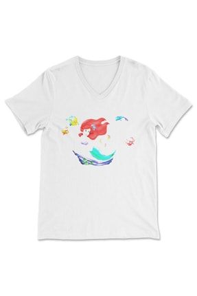 The Little Mermaid Beyaz V Yaka Tişört Unisex T-shirt 4772WUV