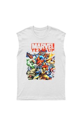 Marvel Team-up Beyaz Kesik Kol Tişört Unisex Kolsuz T-shirt 6805WKK