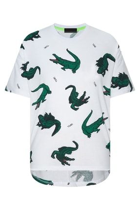 Yeşil & Beyaz Timsah Baskılı Oversize T-shirt 2yxe2-45941-01 TYC00405976081