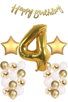 Gold Konsept 4 Yaş Doğum Günü Kutlama Seti; Beyaz Gold Konfetili Balon, Rakam Yıldız Folyo Ve Banner PG0546B
