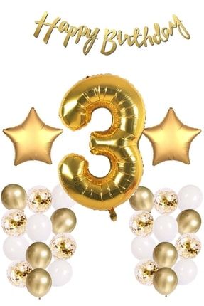 Gold Konsept 3 Yaş Doğum Günü Kutlama Seti; Beyaz Gold Konfetili Balon, Rakam Yıldız Folyo Ve Banner PG0546B
