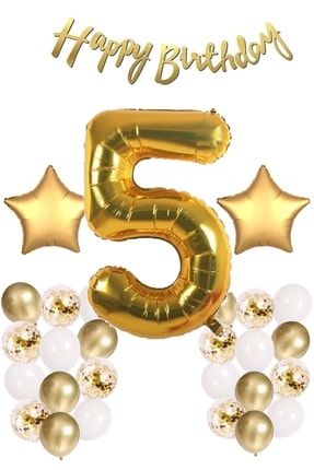 Gold Konsept 5 Yaş Doğum Günü Kutlama Seti; Beyaz Gold Konfetili Balon, Rakam Yıldız Folyo Ve Banner PG0546B