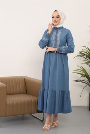 Yarım Düğmeli Nakışlı Sonya Tesettür Kot Elbise 208 - Açık Mavi CDILK00ORG208