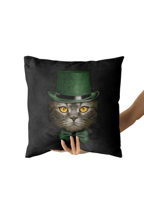 Yeşil Şapkalı Tekir Kedi Kırlent Kılıfı 45x45 ANIMAL KIRLENT