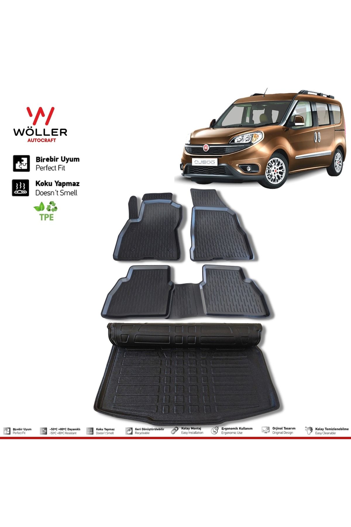 Комплект ковриков для багажного бассейна Wöller Fiat Doblo после 2010 года 3d Ultraflex Set wöllersetultra098