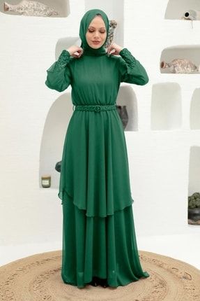 Tesettürlü Abiye Elbise - Pul Payet Detaylı Yeşil Tesettür Abiye Elbise 5489y ARM-5489