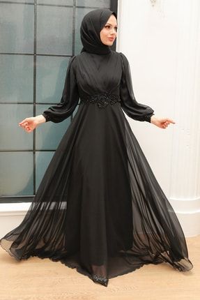 Tesettürlü Abiye Elbise - Dantel Detaylı Siyah Tesettür Abiye Elbise 3435s OZD-3435
