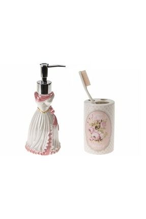 Sıvı Sabunluk,diş Fırçalık 2 Li Banyo Seti,lady Ve Pembe Çiçekli ZBOSP-C274