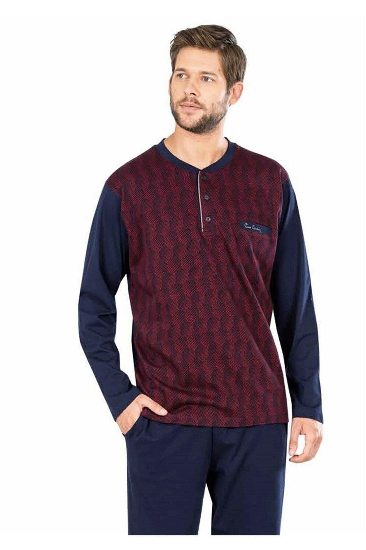 ست پیژامه قرمز مردانه لباس خواب ژاکارد آستین بلند 5465 Claret Red Pierre Cardin