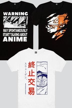 Dikkat Anime Siyah, Tek Göz Beyaz, Sert Naruto Erkek Tişört 3'lü Eko Paket 1M1BM986AX
